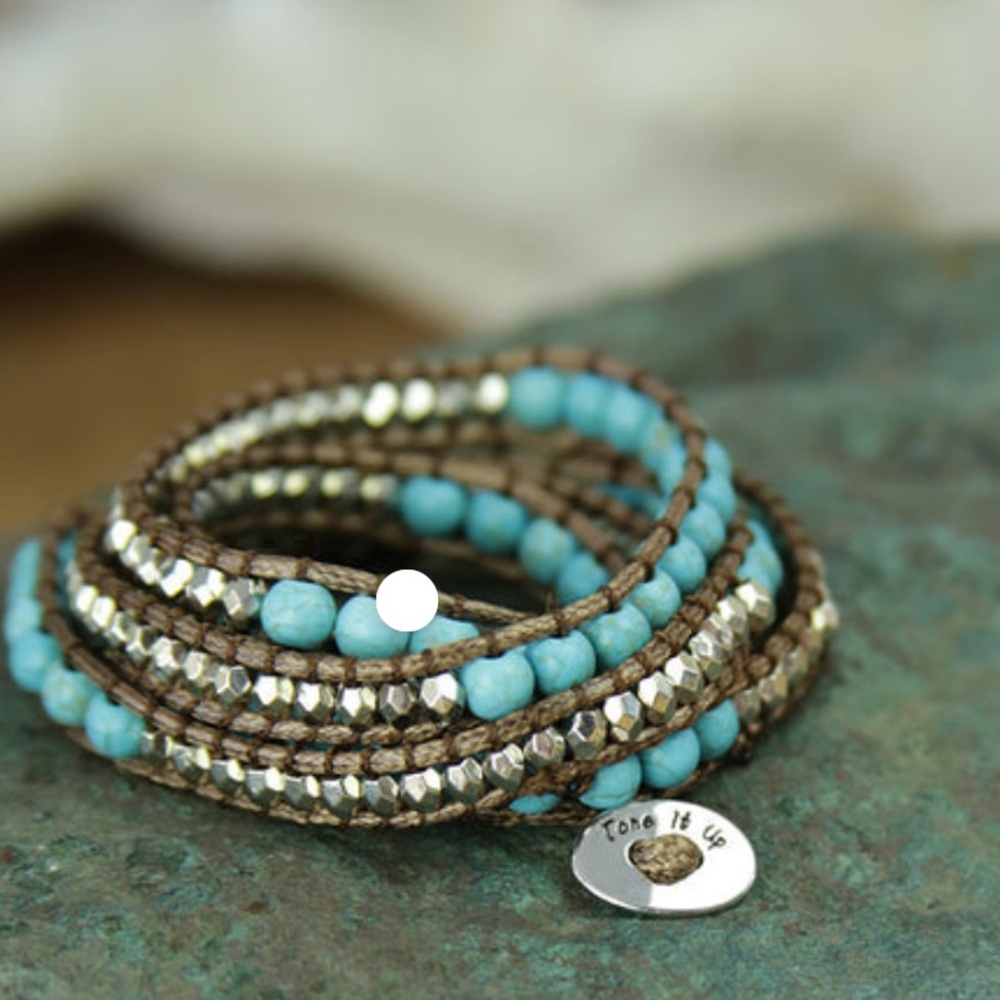 New Tone It Up Turquoise and Silver Beaded Wrap Bracelet